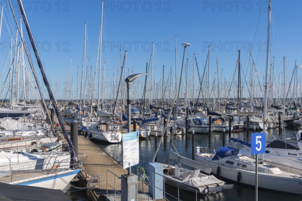 Olympic harbour Schilksee, Olympic Games 1972, sailing yachts at the jetty, ship masts, jetty 5, sunshine, blue sky, Baltic Sea, Bay of Kiel, Kiel Sailing City, Schleswig-Holstein, Germany