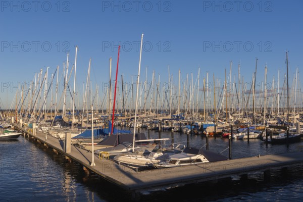 Olympic harbour Schilksee, Olympic Games 1972, sailing yachts at the jetty, ship masts in a row, water reflection, evening light, sunshine, blue sky, Baltic Sea, Kiel Bay, Kiel Sailing City, Schleswig-Holstein, Germany