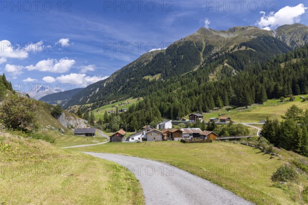 Hamlet with chapel of St James the Ae., Acla, Curaglia, Val Medel, Graubünden, Switzerland