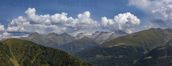 View from Cuolm da Vi to three thousand metre peaks of the Cristallina with Piz Cristallina and Piz Medel and Glatscher da Medel, Surselva, Grisons, Switzerland