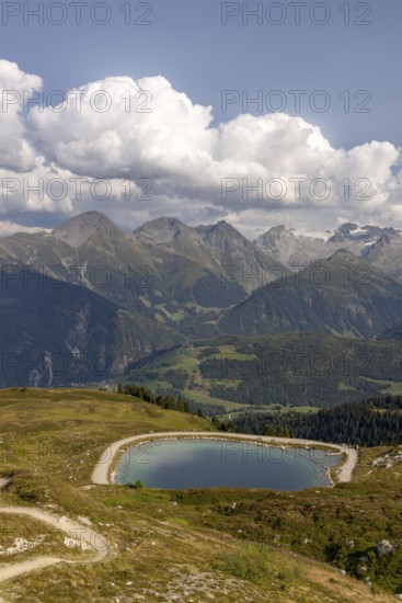 View from Cuolm da Vi to three thousand metre peaks of the Cristallina with Piz Cristallina and Piz Medel and Glatscher da Medel, Surselva, Grisons, Switzerland