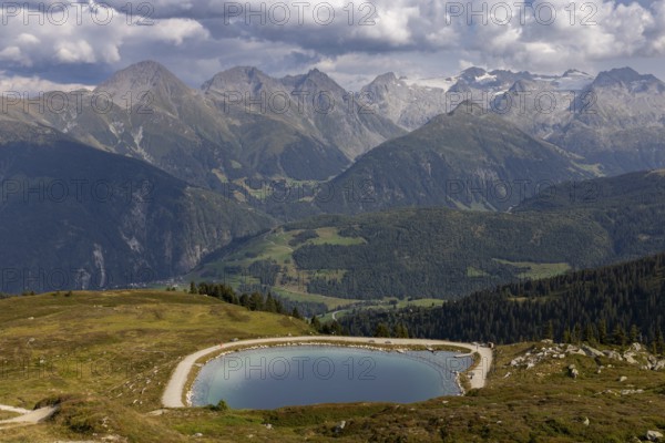 View from Cuolm da Vi to three thousand metre peaks of the Cristallina with Piz Cristallina and Piz Medel and Glatscher da Medel, Surselva, Grisons, Switzerland
