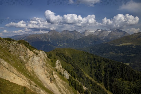 View from Cuolm da Vi to three thousand metre peaks of the Cristallina with Piz Cristallina and Piz Medel and Glatscher da Medel, Surselva, Grisons, Switzerland