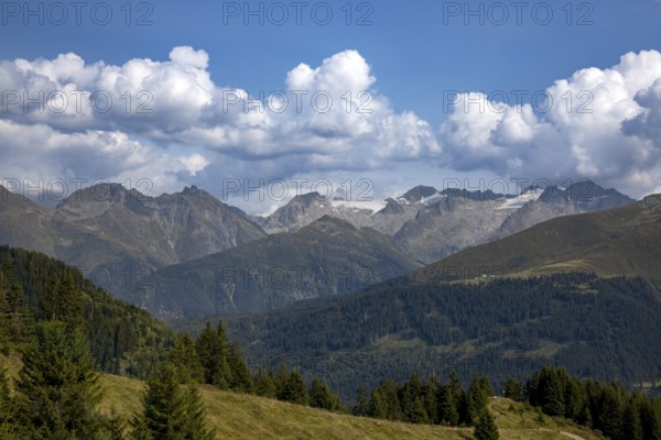 View from Cuolm da Vi to three thousand metre peaks of the Cristallina with Piz Cristallina and Piz Medel and Glatscher da Medel, Surselva, Grisons, Switzerland