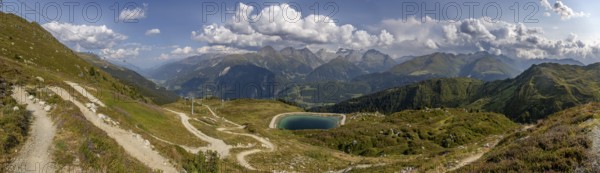 Mountain panorama from Cuolm da Vi on three thousand metre peaks of the Cristallina with Piz Cristallina and Piz Medel and Glatscher da Medel, Surselva, Grisons, Switzerland