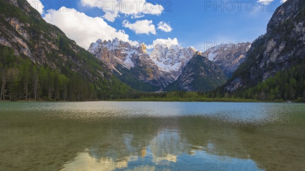 View over Lake Dürrensee to the south with the Cristallo Group, Dolomites, South Tyrol, Italy