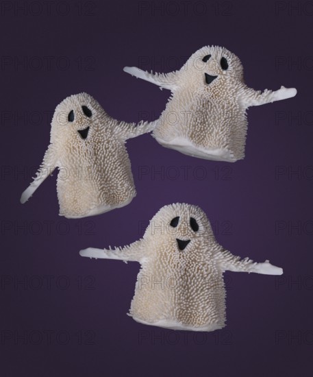 Three funny ghosts are flying on a purple background