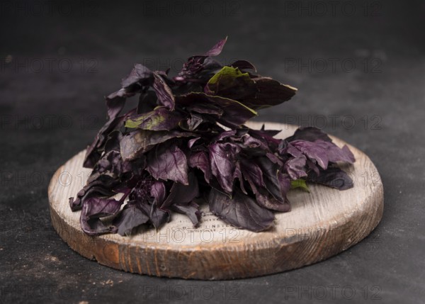 Bunch of basil lies on round wooden board on dark background