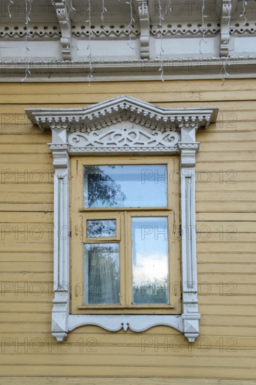 Window with cut-out casings in a wooden house, Nizhny Novgorod, Russia