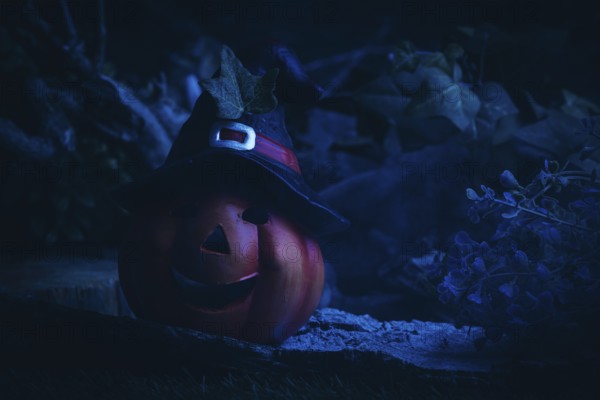 Blue illuminated pumpkin lantern with witch's hat on a dark night
