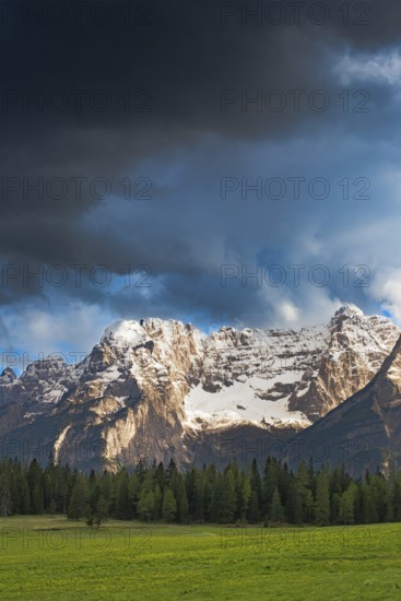 View over a meadow near Misurina to the Sorapis mountain group, Punta Sorapiss, Dolomites, South Tyrol, Italy