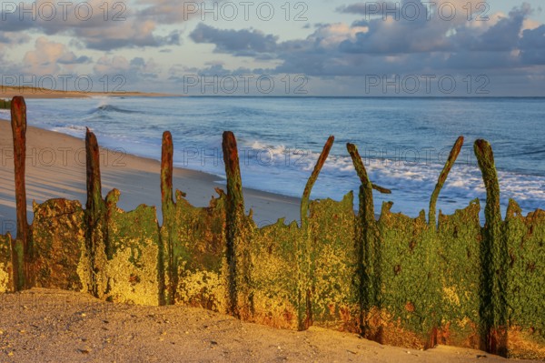 Sunrise on Ellenbogen beach, breakwater, coastal protection, North Sea island of Sylt