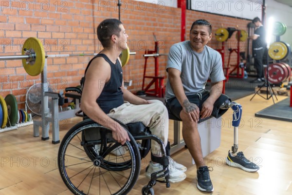 Two disabled men, one using a wheelchair and the other with a prosthetic leg, smiling while relaxing and talking in a gym, highlighting adaptive fitness and inclusivity