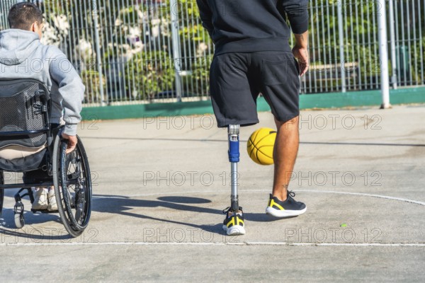 Young men with disabilities enjoying a basketball game together on an outdoor court, embracing sport, friendship, and inclusion while demonstrating active lifestyles