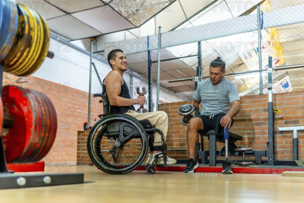 Two men with disabilities training together in a gymone in a wheelchair, one with a prosthetic leglifting dumbbells, showing strength, determination, teamwork and inclusion