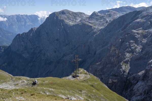 Dismantling of the old 220 kV power line at the Torscharte at the transition towards the Hagengebirge. It will be replaced by the new 380 kV Salzburg line. The electricity pylons and cables are removed in individual parts by helicopter. Salzburger Land, Austria