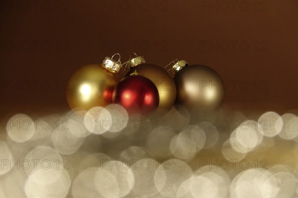 Still life with Christmas tree baubles and beautiful bokeh, Germany