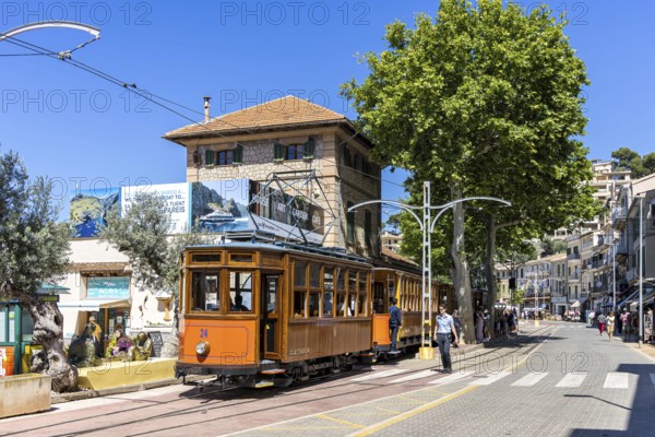 Historic tram Tranvia de Soller public transport public transport on Majorca at the railway station in Port de Sóller, Spain