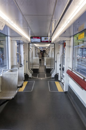 Interior of the Stadler Tramlink tram operated by Bernmobil in Bern, Switzerland