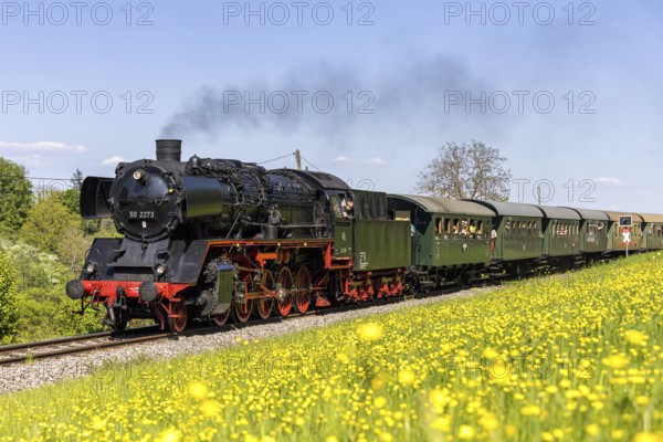 Fiery Elias steam train on the Strohgäubahn steam railway railway steam locomotive in Weissach, Germany
