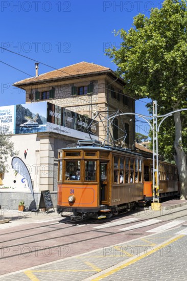 Historic tram Tranvia de Soller public transport public transport on Majorca at the railway station in Port de Sóller, Spain