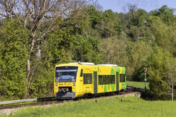 Regional railway train on the Strohgäubahn of the type Regio-Shuttle RS 1 in Münchingen, Germany