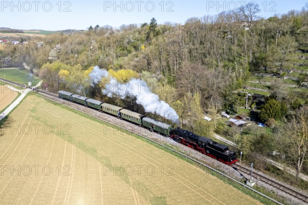 Steam train Feuriger Elias on the Strohgäubahn Aerial view from above Steam railway railway steam locomotive in Schwieberdingen, Germany