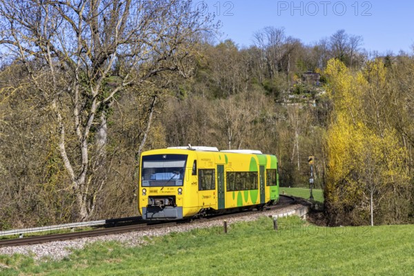 Regional railway train on the Strohgäubahn of the type Regio-Shuttle RS 1 in Münchingen, Germany