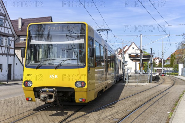 Stuttgart light rail vehicle type DT 8 public transport on line U15 at the Stammheim stop in Stuttgart, Germany