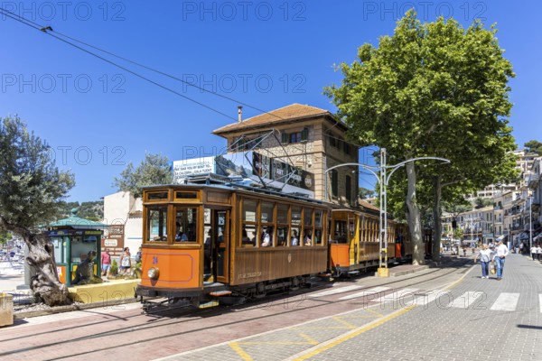 Historic tram Tranvia de Soller public transport public transport on Majorca at the railway station in Port de Sóller, Spain