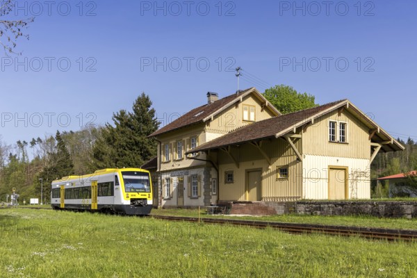 Regional train as a ring train on the Wutachtal railway of the type Regio-Shuttle RS 1 at the station in Riedöschingen, Germany