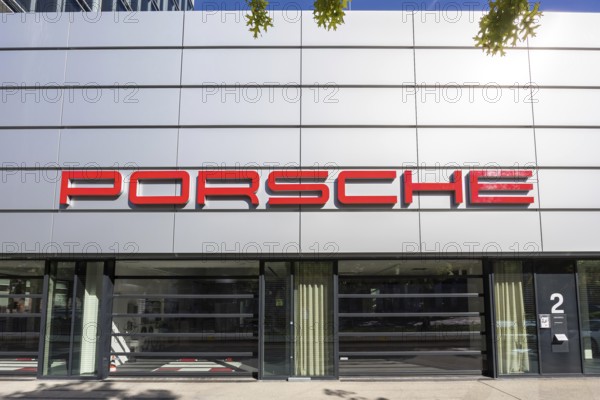Porsche logo at the Porsche Centre Autohaus am Pragsattel in Stuttgart, Germany