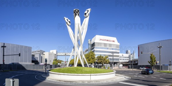 Porsche headquarters at Porscheplatz in Stuttgart-Zuffenhausen with Panorama artwork in Stuttgart, Germany