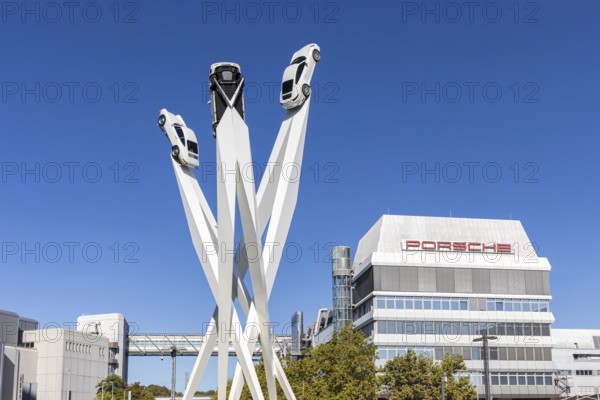 Porsche headquarters at Porscheplatz in Stuttgart-Zuffenhausen with artwork in Stuttgart, Germany