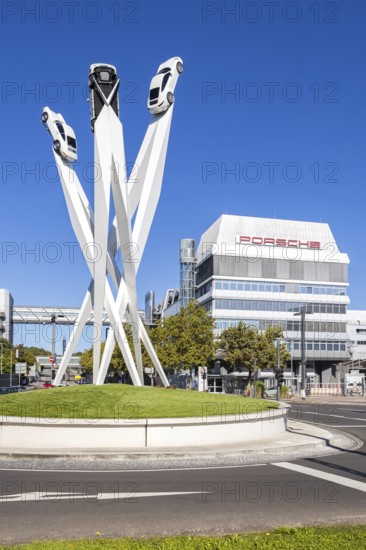 Porsche headquarters at Porscheplatz in Stuttgart-Zuffenhausen with artwork in Stuttgart, Germany