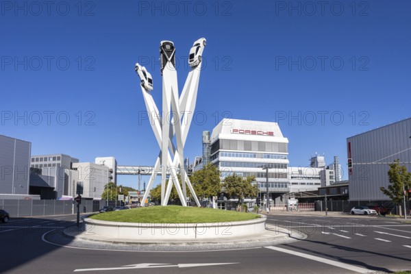 Porsche headquarters at Porscheplatz in Stuttgart-Zuffenhausen with artwork in Stuttgart, Germany
