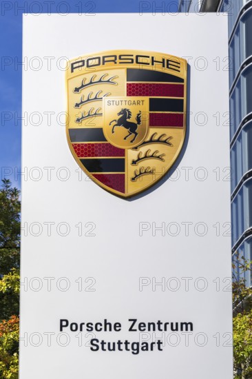 Porsche logo at the Porsche Centre Autohaus am Pragsattel in Stuttgart, Germany