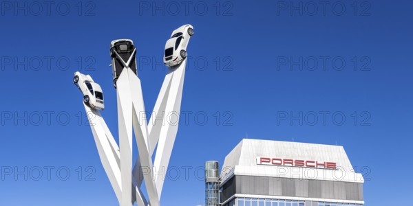 Porsche 911 cars artwork at the headquarters at Porscheplatz in Stuttgart-Zuffenhausen Panorama in Stuttgart, Germany