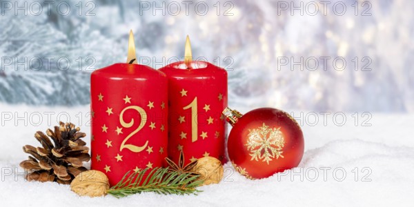 Second 2nd Advent candle for Christmas Christmas card in winter with text free space Copyspace Panorama in Stuttgart, Germany