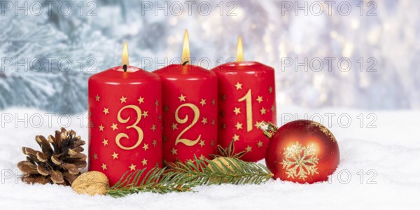 Third 3rd Advent candle for Christmas Christmas card in winter with text free space Copyspace Panorama in Stuttgart, Germany