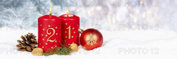 Second 2nd Advent candle for Christmas Christmas card in winter panorama with text free space Copyspace in Stuttgart, Germany