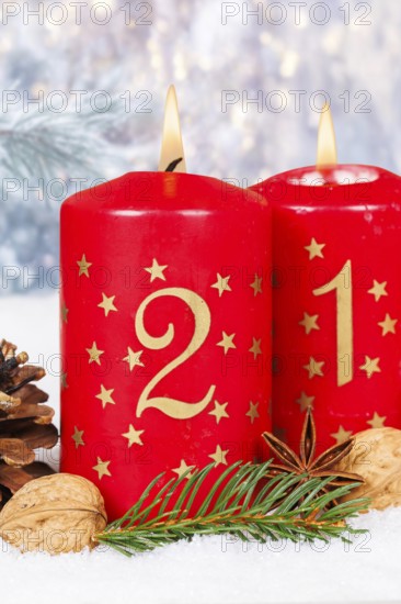 Second 2nd Advent candle for Christmas Christmas card in winter with copy space Copyspace in Stuttgart, Germany