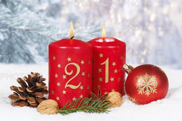 Second 2nd Advent candle for Christmas Christmas card in winter with copy space Copyspace in Stuttgart, Germany