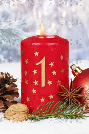 First 1st Advent candle for Christmas Christmas card in winter with copy space Copyspace in Stuttgart, Germany