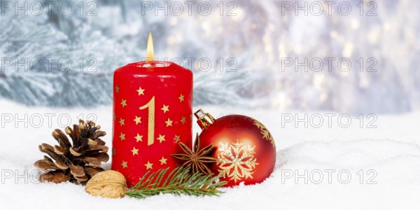 First 1st Advent candle for Christmas Christmas card in winter with text free space Copyspace Panorama in Stuttgart, Germany