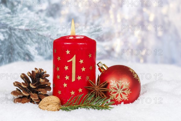 First 1st Advent candle for Christmas Christmas card in winter with copy space Copyspace in Stuttgart, Germany