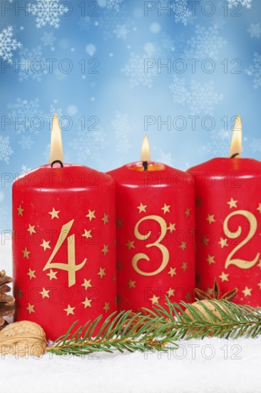 Fourth 4th Advent with candle Christmas Christmas card for Christmas time snow background with text free space Copyspace in winter in Stuttgart, Germany