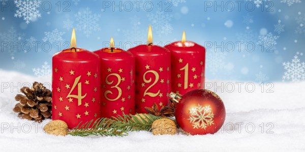 Fourth 4th Advent with candle Christmas Christmas card for Christmas time snow background with text free space Copyspace in winter panorama in Stuttgart, Germany