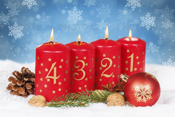 Fourth 4th Advent with candle Christmas Christmas card for Christmas time snow background with text free space Copyspace in winter in Stuttgart, Germany