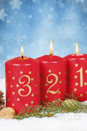 Third 3rd Advent with candle Christmas Christmas card for Christmas time snow background with text free space Copyspace in winter in Stuttgart, Germany